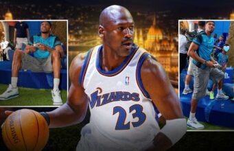 Giannis Antetokounmpo mengenakan sepatu kets Air Jordan 3 “Wizards” di Budapest